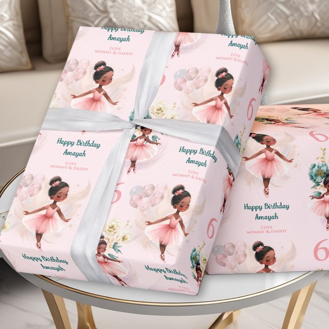 Papier Cadeau Pink Ballerina Girl Birthday Dark Skin Nom personn (Pink Ballerina Girl Birthday Dark Skin Custom Name Wrapping Paper)