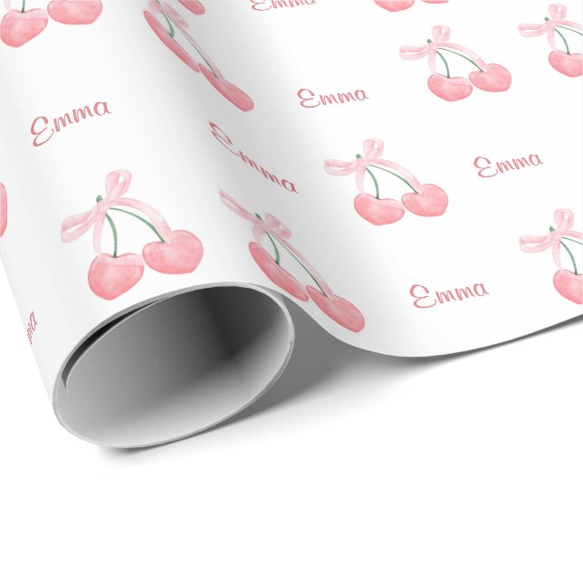 Papier Cadeau Pink Bow et Cherry Personnalisé Nom de la fille (Coin rond)