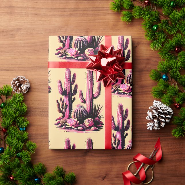 Papier Cadeau Pink Cacti Batch-Tan Background (Cadeau de vacances)