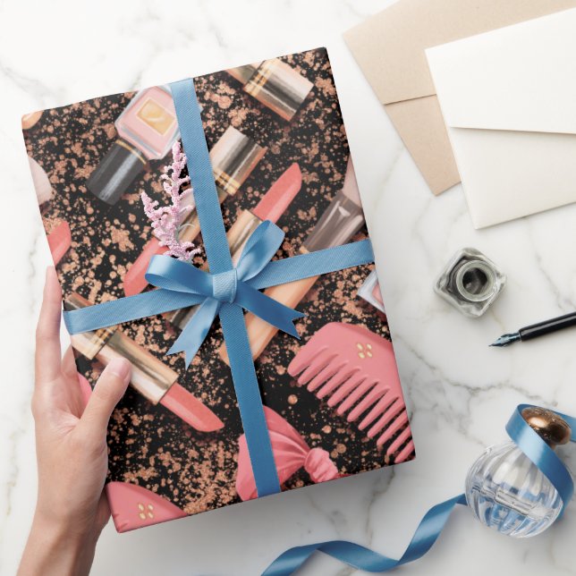 Papier Cadeau Pink Cosmetics Pattern Glitter  (Cadeaux)