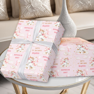 Papier Cadeau Pink Cute Unicorn Girl 1er Anniversaire Nom