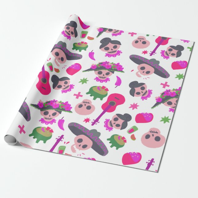 Papier Cadeau Pink Dia De Los Muertos Cute Funny Skuls Motif (Déroulé)