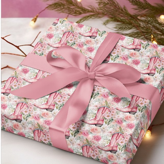 Papier Cadeau Pink Floral Coastal Cowgirl Noël Occidental (Créateur téléchargé)