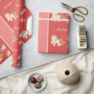 Papier Cadeau Pink Glitter Ponies with First Name Little Girl