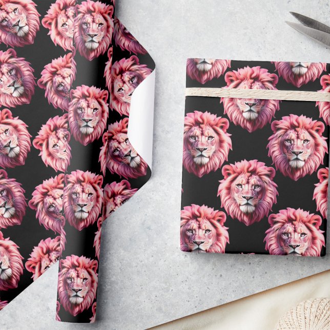 Papier Cadeau Pink Lion Head Animal Pattern Design - Black  (Créateur téléchargé)
