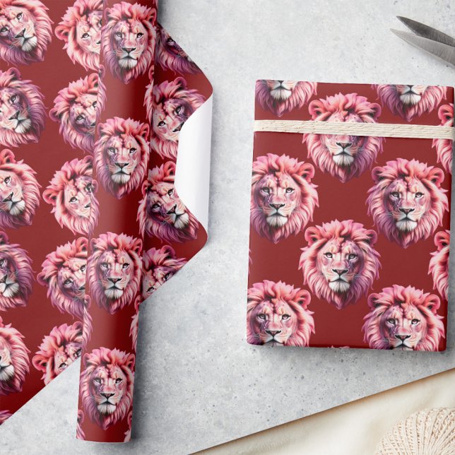 Papier Cadeau Pink Lion Head Animal Pattern Design Red  (Créateur téléchargé)