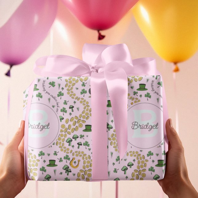 Papier Cadeau Pink mignonne n'Curvy Shamrock Nom de la fille St  (How adorable is this??!! St Patricks Day Custom Wrapping Paper for all Girls and Baby occasions :)))