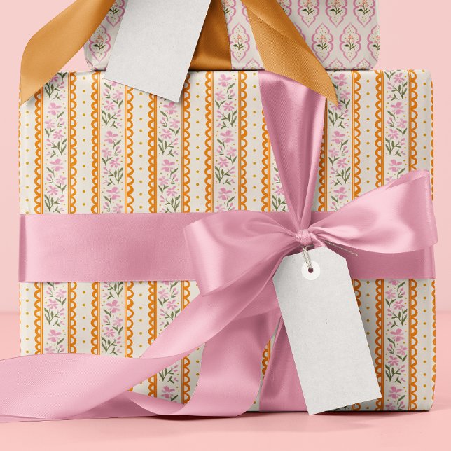 Papier Cadeau Pink Orange Dainty Floral Stripes Patterned (Pretty vintage style pink floral striped wrapping paper roll with orange scallops and yellow dots)