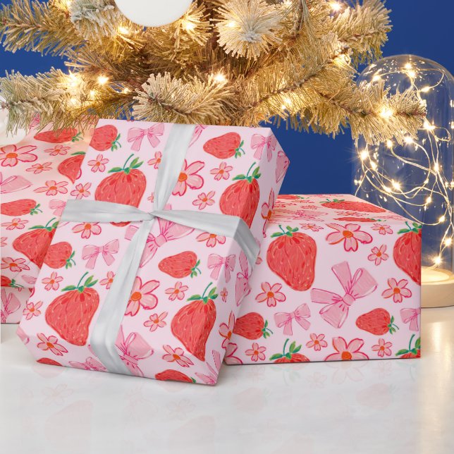 Papier Cadeau Pink Pastel Fraise Florale Bow (Vacances)