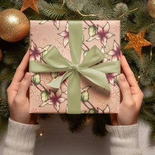Papier Cadeau Pink Poinsettia Diagonal Stripe Noël