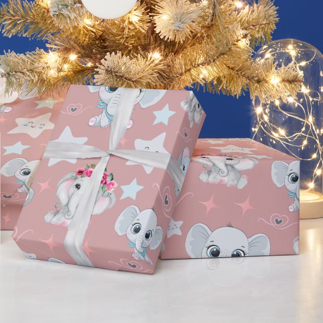 Papier Cadeau "Pink Safari : Baby Elephants sur un arrière - pla (Vacances)