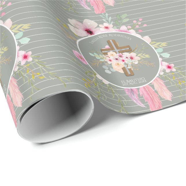Papier Cadeau Pink Sage Floral Croix BAUTIZO Baptême Bautismo (Coin rond)