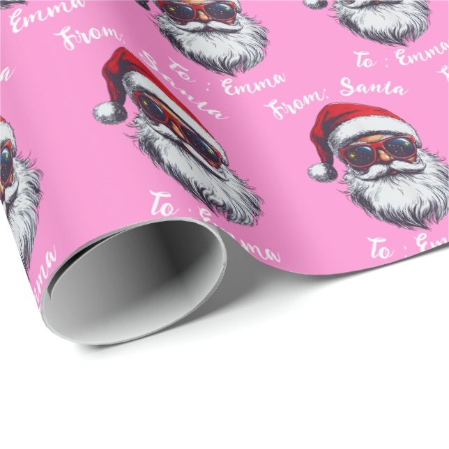 Papier Cadeau Pink Santa Gift Wrap, Custom Name Christmas Pink (Coin rond)