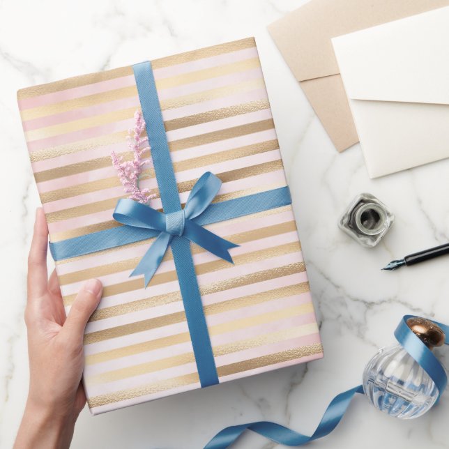 Papier Cadeau Pink Watercolor Gold Glam Stripes (Cadeaux)