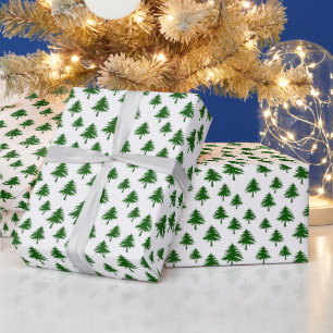 Papier Cadeau Pins De Noël Vert Sur Blanc