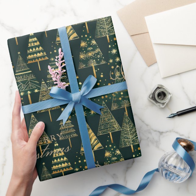 Papier Cadeau Pins d'or géométrique Arbres d'or de Noël vert (Cadeaux)