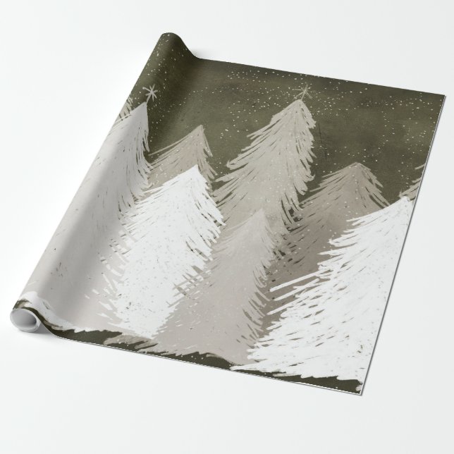 Papier Cadeau Pins recouverts de neige blanche et grise (Déroulé)