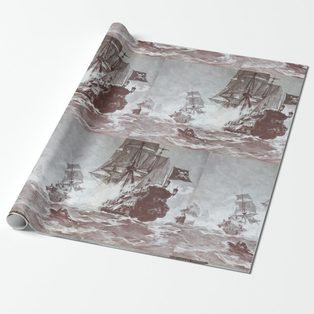 Papier Cadeau PIRATE BATAILLE NAVIRE noir blanc gris teintes (Déroulé)