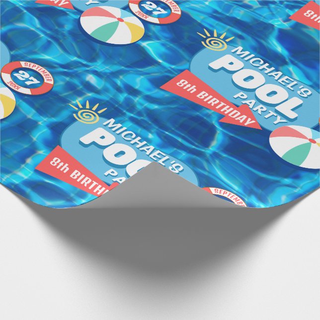 Papier Cadeau Piscine d'été Fête Tropicale Anniversaire Bleu (Coin)