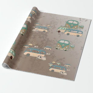 Papier Cadeau piste 70 ans, bus et cyclomoteurs rétro, 60 ans