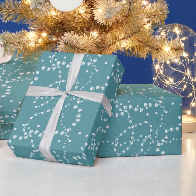 Papier Cadeau Pistes Animales En Blanc Sur Turquoise (Vacances)