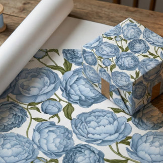 Papier Cadeau Pivoine Bleu Clair Luxe Floral