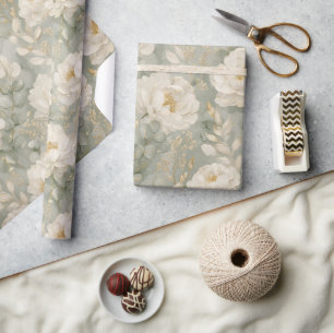 Papier Cadeau Pivoines blanches Fleur de sauge vert élégant doré