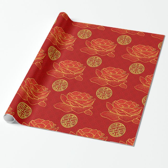 Papier Cadeau Pivoines et double motif de symbole de bonheur (Déroulé)