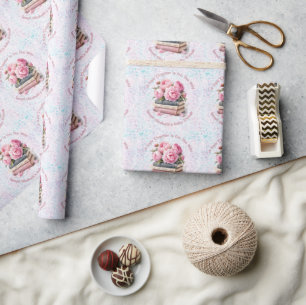Papier Cadeau Pivoines roses et livres Nouveau chapitre Fille Ba