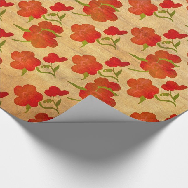 Papier Cadeau Pivoines rouges de tango sur la soie v2 d'or (Coin)