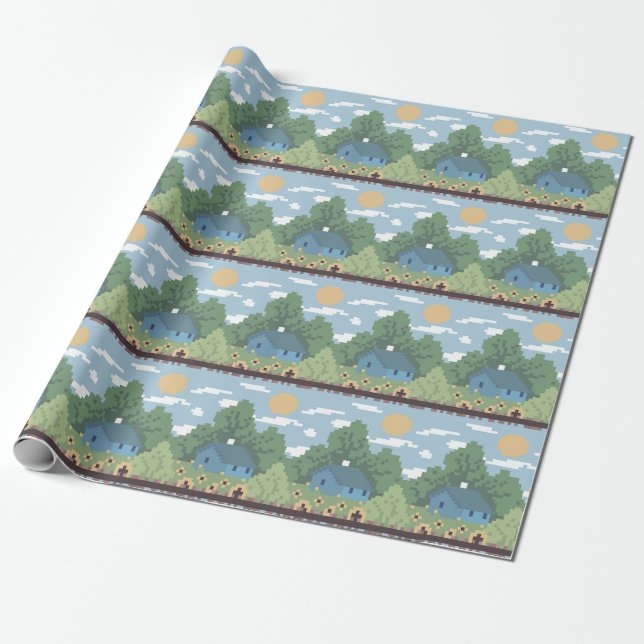 Papier Cadeau Pixel Countryside House Landscape Pattern (Déroulé)