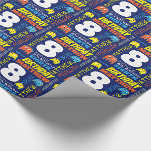Papier Cadeau Pixel gaming alien 8 e anniversaire brillant perso