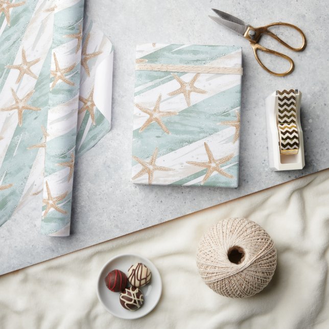 Papier Cadeau Plage Aqua Mint Starfish Stripes Anniversaire (Artisanat)