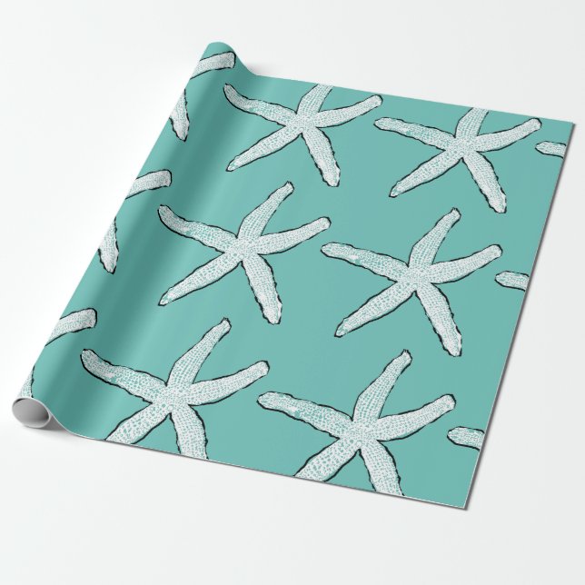 Papier Cadeau Plage de Motif d'étoiles de mer Côte Turquoise Noë (Déroulé)