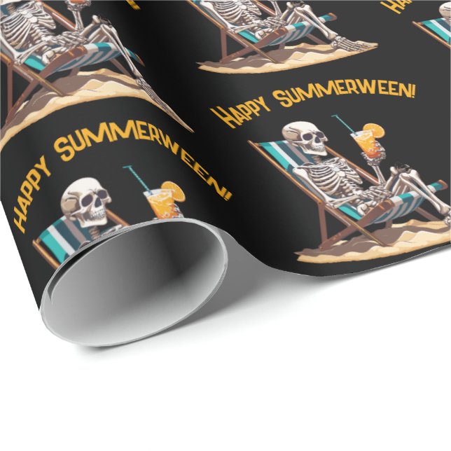 Papier Cadeau Plage Lounge Squelette Halloween (Coin rond)