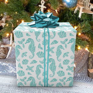 Papier Cadeau Plage Noël Parties scintillant hippocampe Aqua Whi