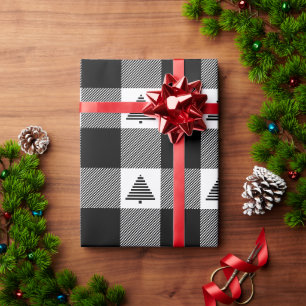 Papier Cadeau Plaid Buffalo noir et blanc avec sapins de Noël