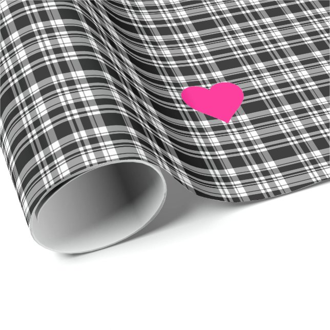 Papier Cadeau Plaid noir et blanc avec Coeurs (Coin rond)