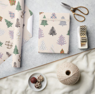 Papier Cadeau Plaid Patternes Noël Arbres Motif en Crème