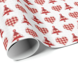Papier Cadeau Plaid Red Christmas Trees and Hearts Motif