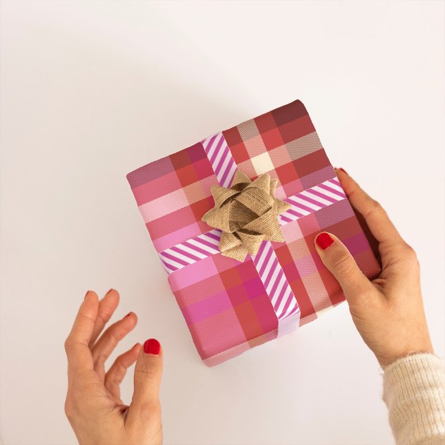 Papier Cadeau Plaid Tartan moderne Noël rose chaud, saumon (Créateur téléchargé)