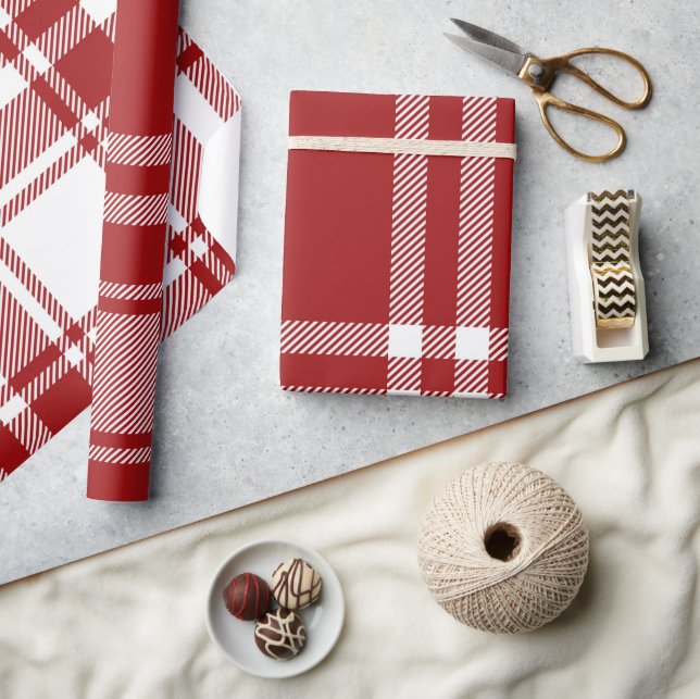 Papier Cadeau Plaid Tartan Rouge Blanc Vacances Moderne Noël (Artisanat)