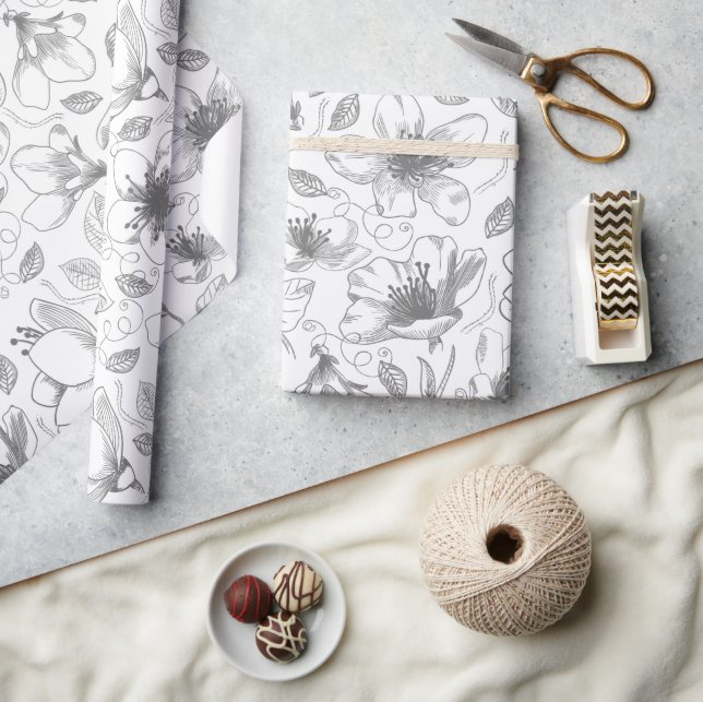 Papier Cadeau Plan floral esquissé Motif gris/Wht ID939 (Artisanat)
