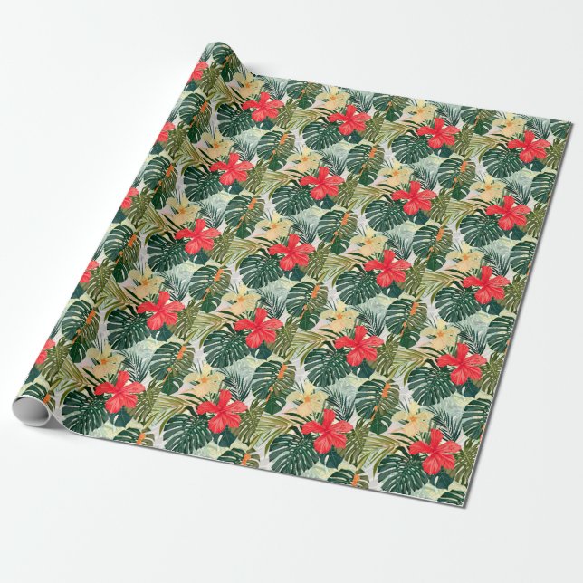 Papier Cadeau Plantes tropicaux hawaïens, fleurs colorées. (Déroulé)