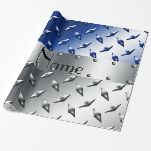 Papier Cadeau Plaque d'acier bleue argentée nommée personnalisée