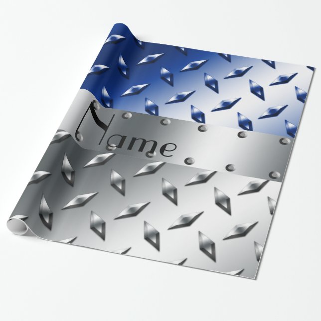 Papier Cadeau Plaque d'acier bleue argentée nommée personnalisée (Déroulé)