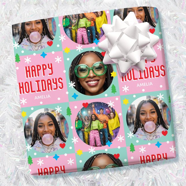 Papier Cadeau Playful Custom Photo Text Retro Pink Christmas  (Créateur téléchargé)