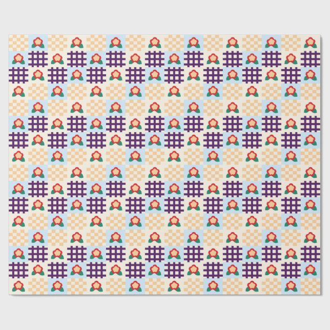 Papier Cadeau Playful Floral Grid Pattern (Plat)