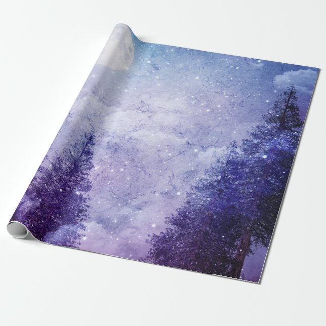 Papier Cadeau Pleine lune Forêt violette d'hiver (Déroulé)