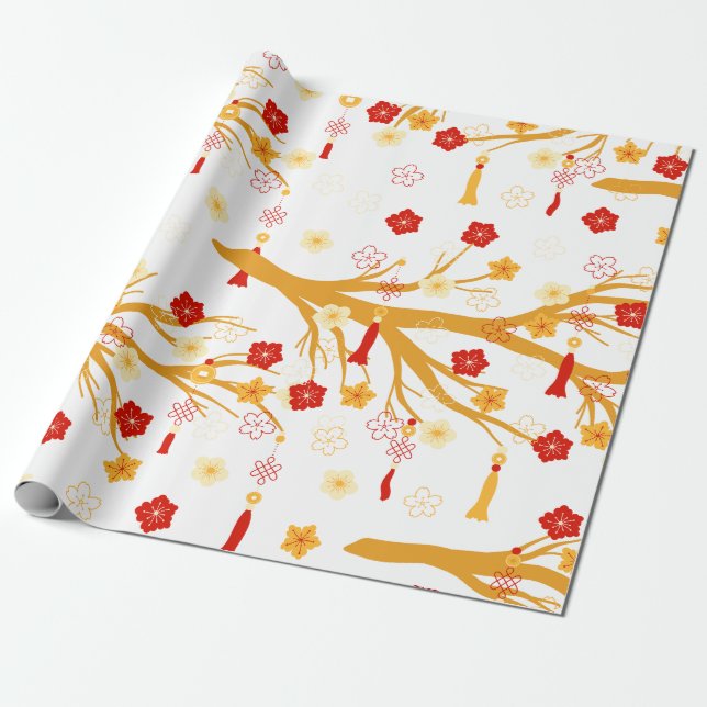 Papier Cadeau Plum Bossom chinois Nouvel An Motif (Déroulé)